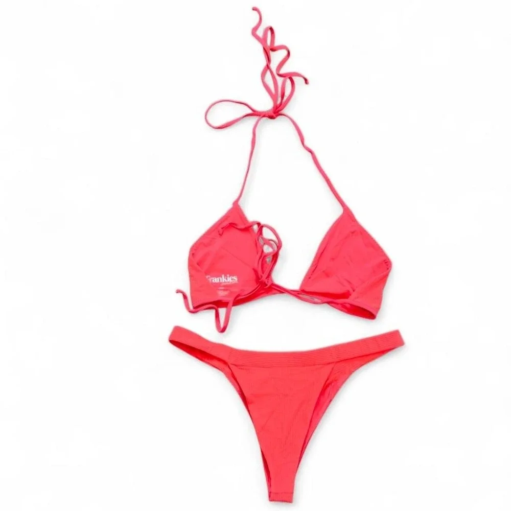 Frankies Bikinis Coral Pink Halter Bikini Set Cheeky Bottoms Sz Large Swimsuit